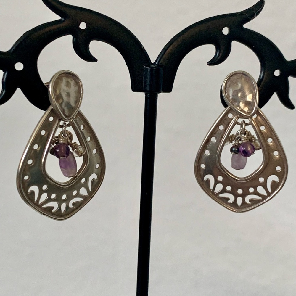 Silpada Vintage Brushed Sterling Filigree Post Earrings w/Amethyst Clusters